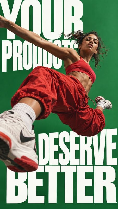sportswear and sneakers action & motion product photo: A woman in red athletic wear and Nike sneakers leaps against a vivid green backdrop, with oversized whit…