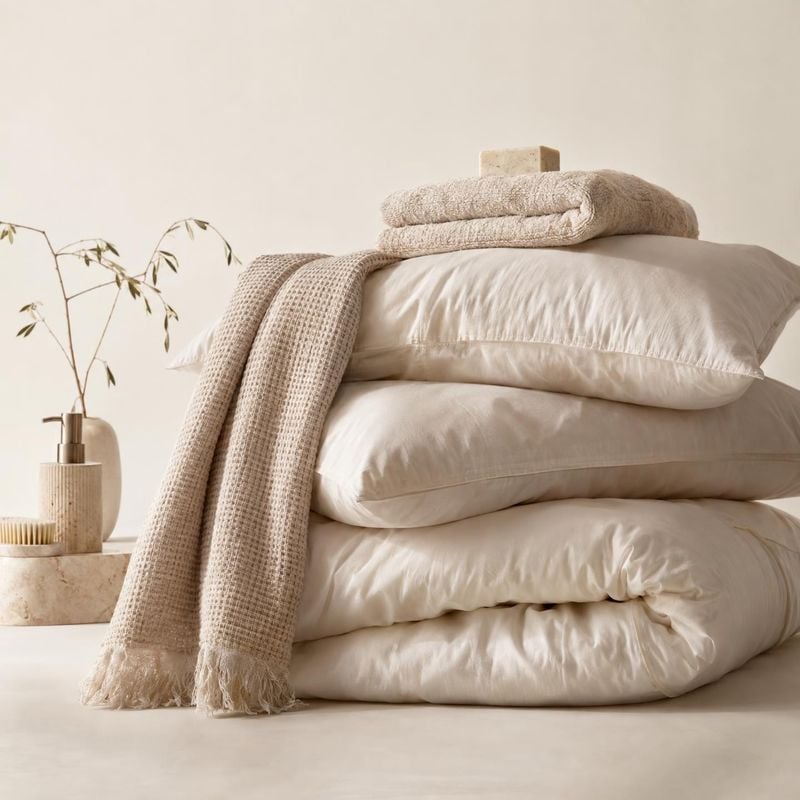 bedding set lifestyle scene product photo: A softly lit neutral bedding arrangement with layered pillows, a draped textured throw, folded towels, and understat…