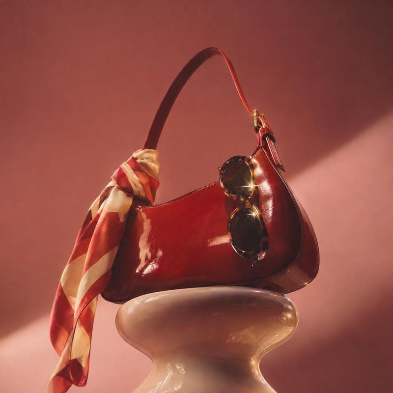 red leather shoulder bag jewelry product photo: A glossy red shoulder bag with a patterned scarf and dark sunglasses is styled on a sculptural pedestal against…