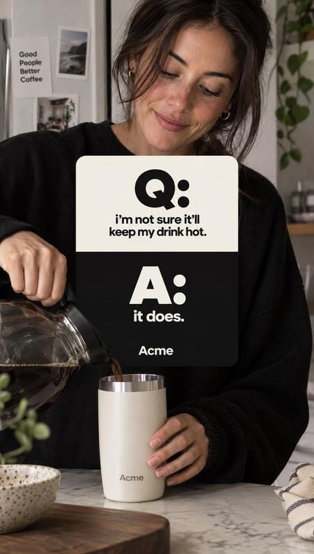 insulated tumbler lifestyle scene product photo: A woman in a black sweater pours coffee into a pale insulated tumbler in a cozy kitchen, with a bold black-and…