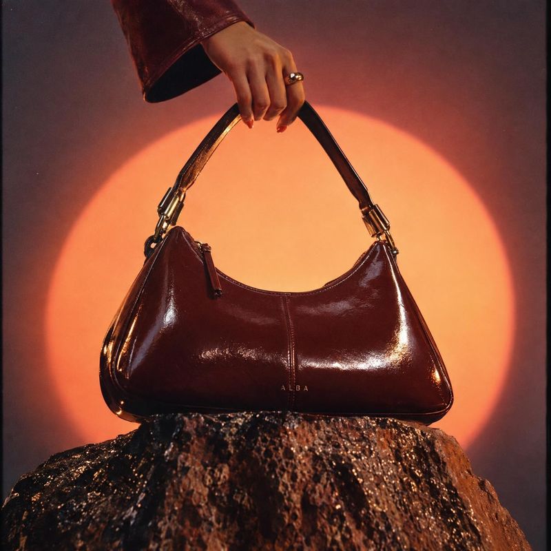 handbag product in hand product photo: A glossy burgundy shoulder bag is held by its strap above a rugged rock, lit by a warm orange spotlight against a dark s…