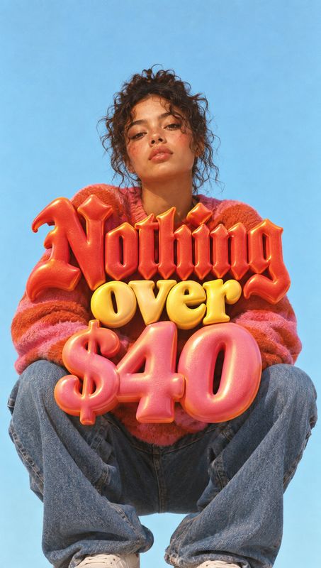 sweater and jeans model try-on product photo: A curly-haired model in a vivid pink sweater and loose jeans poses against a clear blue studio backdrop, with glo…