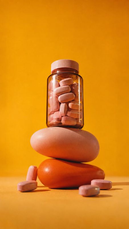 supplement bottle and tablets personal care product photo: A clear bottle of pink tablets balances atop softly rounded forms with loose tablets scattered on an…