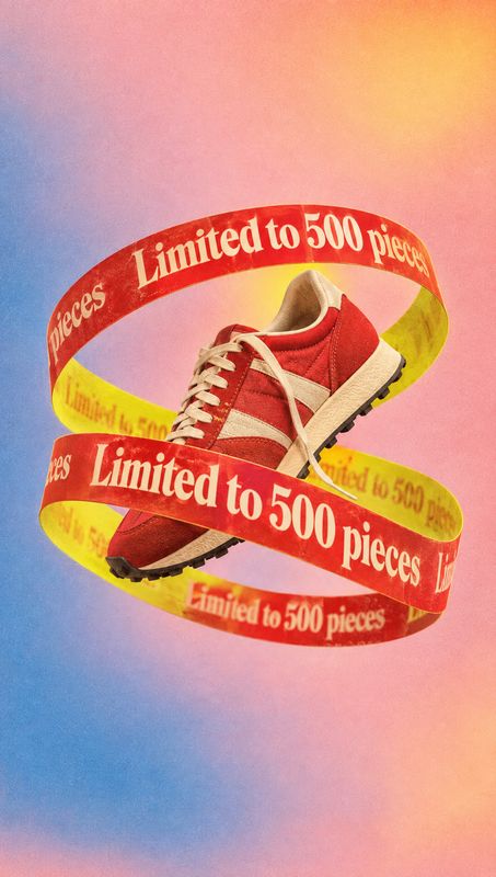 sneakers floating product product photo: A red-and-cream sneaker floats against a vivid pink, orange and blue gradient, wrapped in red and yellow ribbons readi…