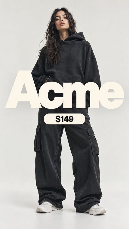 black hoodie and cargo pants model try-on product photo: A model poses in an oversized black hoodie, cargo pants, and white sneakers against a pale studio back…