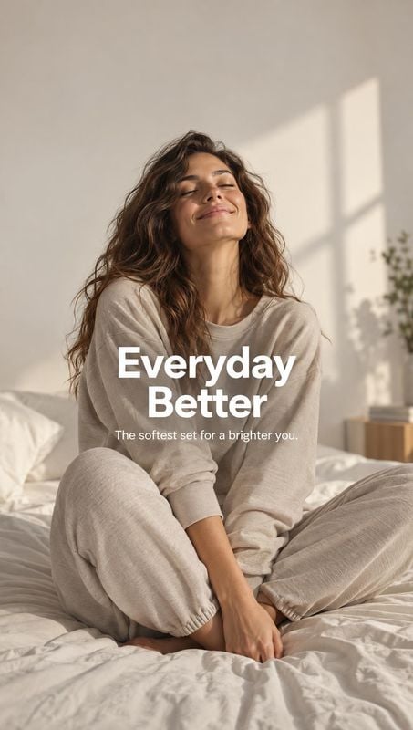 loungewear set model try-on product photo: A woman in a soft neutral loungewear set sits relaxed on a bed in warm window light, with the headline “Everyday Bet…