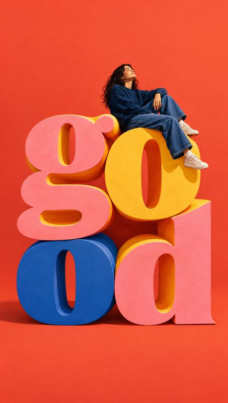 casual outfit look book product photo: A woman in a navy sweater, jeans and light sneakers sits atop oversized colorful lettering against a vivid red studio ba…