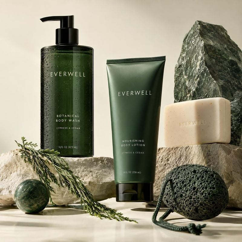 body wash, body lotion, and soap personal care product photo: A green body wash, lotion, and soap are arranged among stone, greenery, and a textured sponge in…