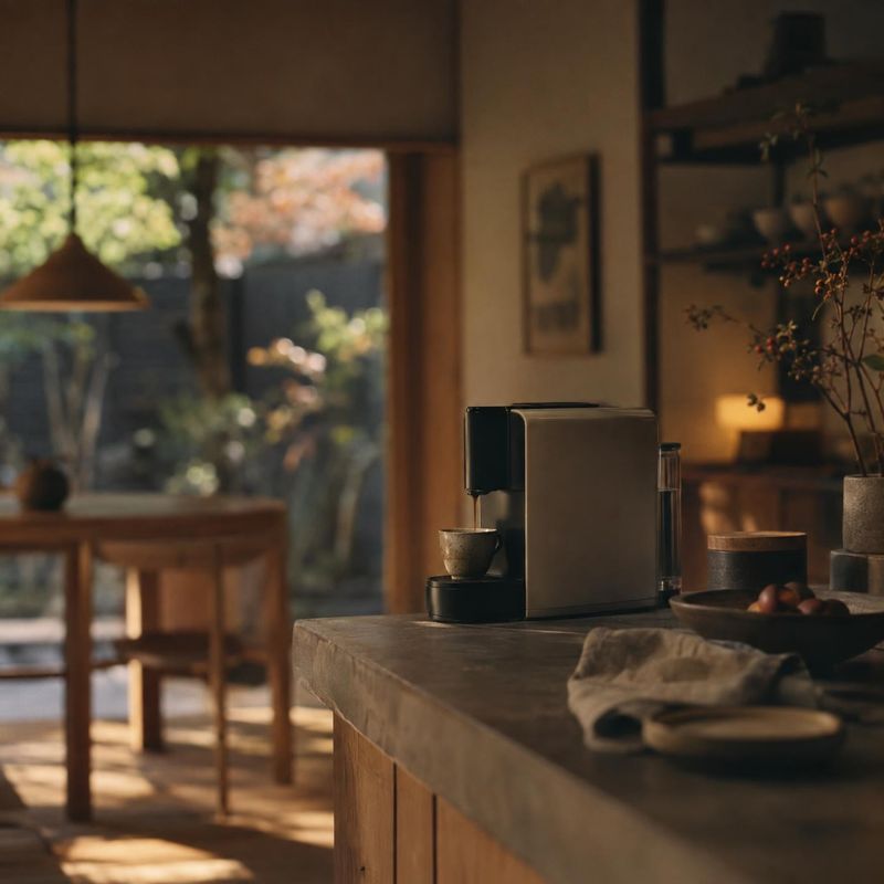 espresso machine lifestyle scene product photo: A sleek espresso machine sits on a stone kitchen island among a cup, fruit and simple decor, with warm sunlight…