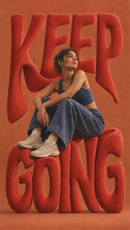 model try-on product photo: A casually dressed woman sits among oversized sculptural red letters spelling “KEEP GOING,” set against a warm terracotta studio ba…