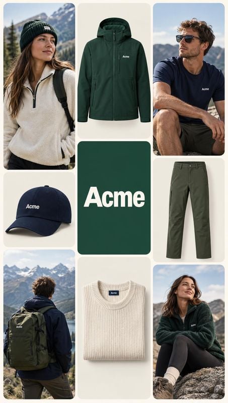 outdoor apparel and accessories look book product photo: A tiled outdoor-apparel collage pairs hikers and lifestyle portraits against mountain scenery with nea…