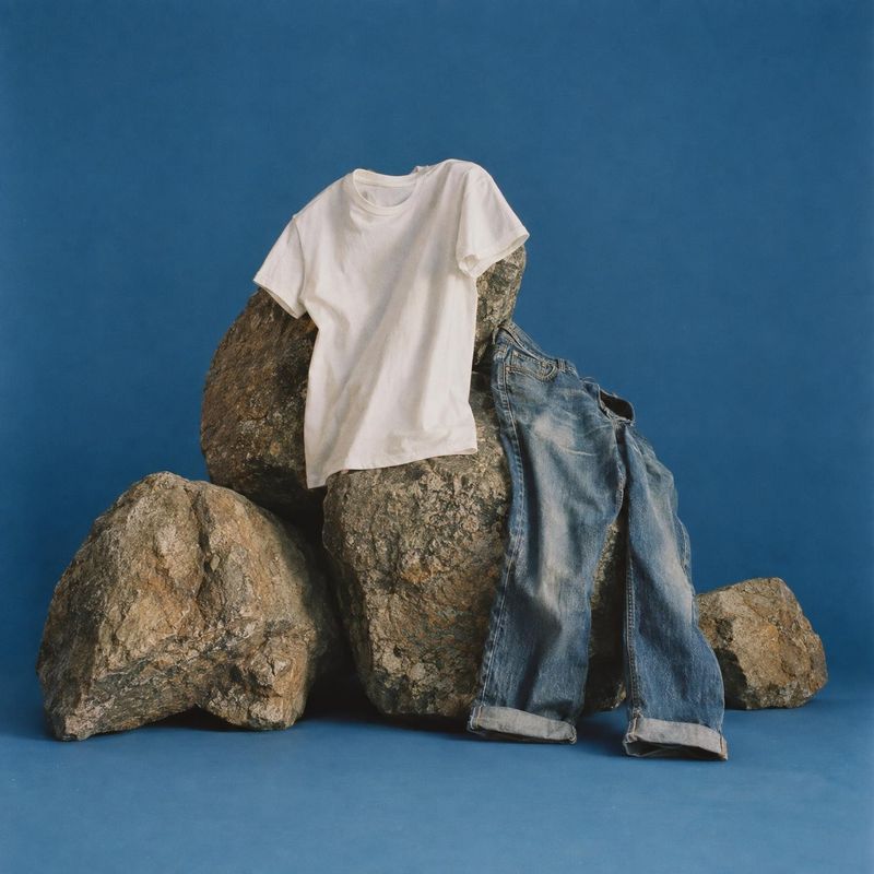 white T-shirt and blue jeans fashion product photo: A white T-shirt and cuffed blue jeans are styled over rugged rocks against a deep blue studio backdrop, wit…