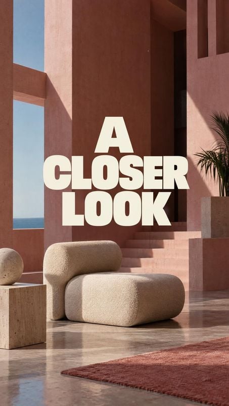 upholstered lounge chair room set product photo: A sculptural cream lounge chair sits in a sunlit blush-toned architectural interior beneath bold cream display…