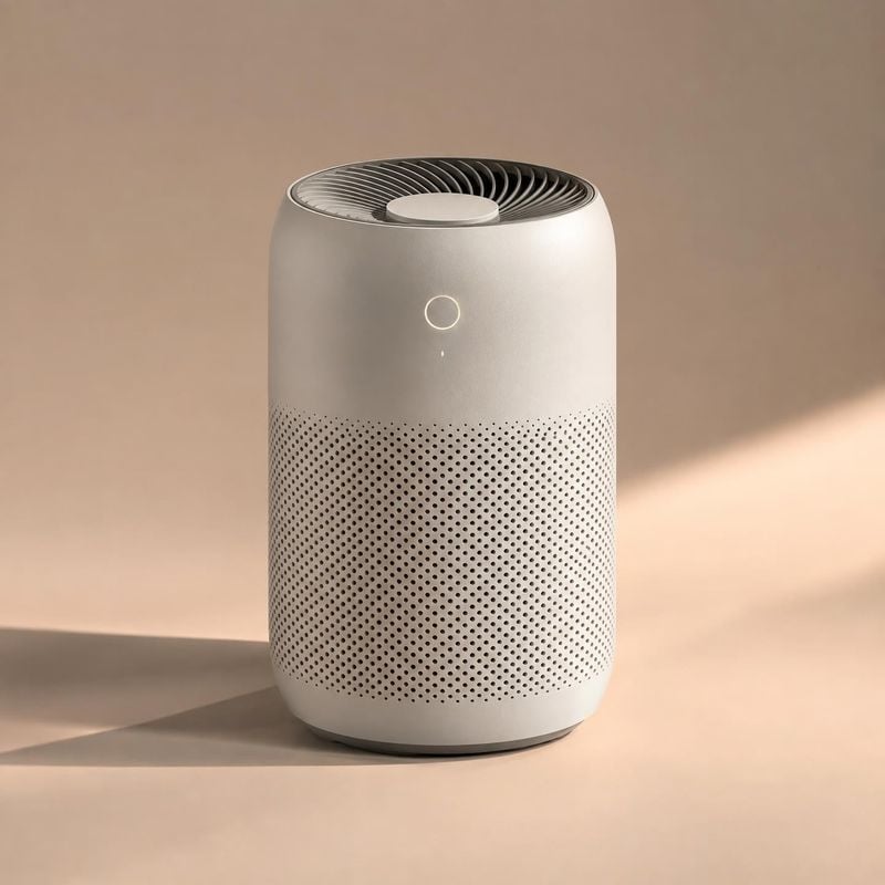 air purifier packshot product photo: A compact white air purifier stands alone against a warm beige studio backdrop, lit by soft directional light that casts a…