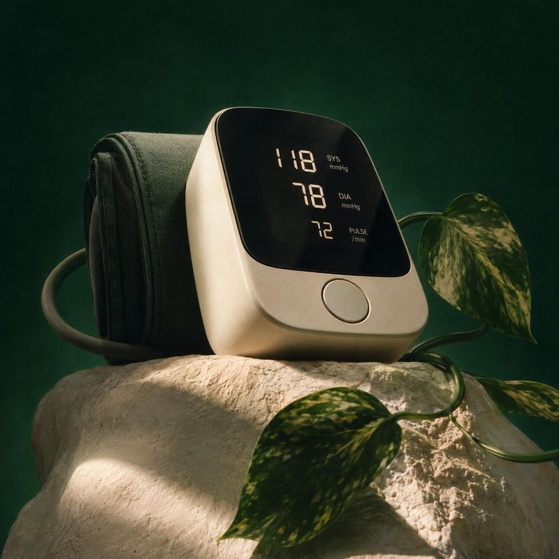 digital blood pressure monitor personal care product photo: A digital blood pressure monitor rests on a pale stone among trailing leaves against a deep green b…