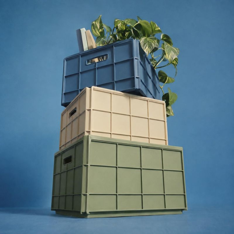 stackable storage crates packshot product photo: Three muted-color storage crates are stacked against a blue studio backdrop, with books and a trailing leafy p…