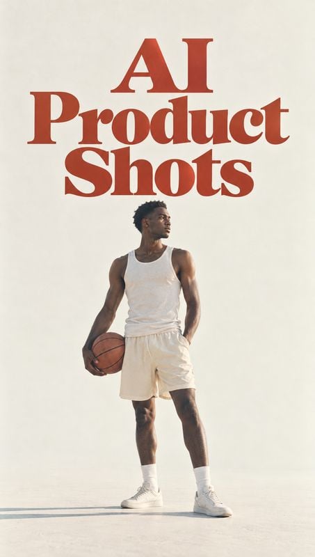 basketball apparel model try-on product photo: A male model in a white tank, shorts, and sneakers holds a basketball against a pale studio backdrop beneath ove…