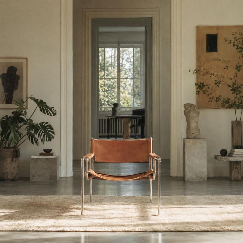 leather lounge chair room set product photo: A tan leather-and-metal lounge chair sits centered on a pale rug in a serene, art-filled interior, lit by soft nat…