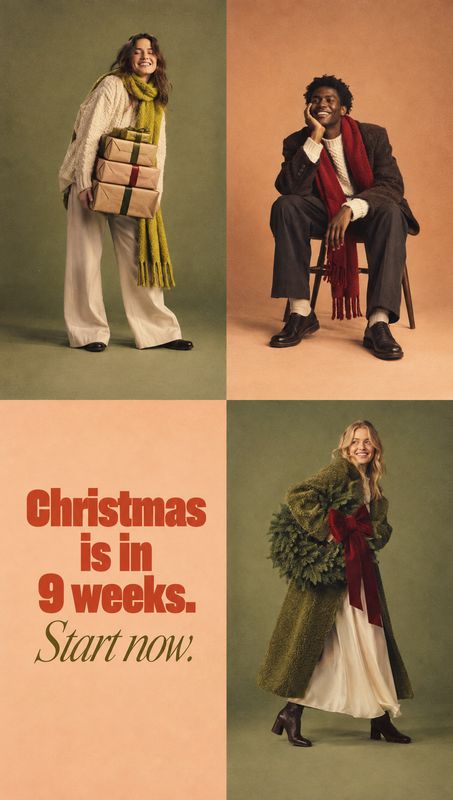 winter clothing and scarves christmas product photo: Three models wear layered winter outfits in a four-panel studio composition with muted green and warm peac…