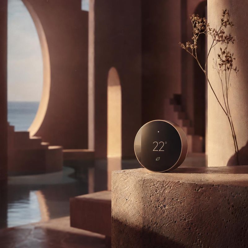 smart thermostat lifestyle scene product photo: A round smart thermostat displaying 22° rests on a rough stone ledge in a sculptural interior, lit by warm late…