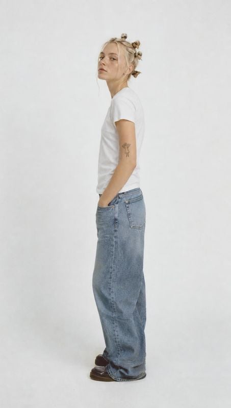 jeans model try-on product photo: A model poses in profile wearing relaxed blue jeans and a plain white T-shirt against a softly lit, pale studio backdrop, cre…