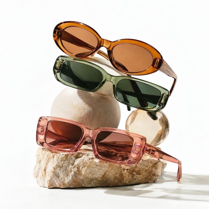 sunglasses jewelry product photo: Three translucent, retro-style sunglasses in amber, olive, and pink are arranged on pale stones against a bright white studio…