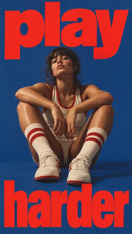 athletic outfit and sneakers model try-on product photo: A seated model in a white-and-red athletic outfit and sneakers poses against a deep blue studio backdr…