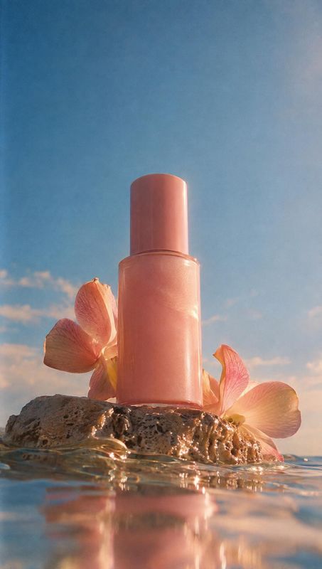 cosmetic bottle product photo: A soft pink cosmetic bottle stands on a wet rock among translucent flower petals at the water’s edge, lit by warm sunlight again…