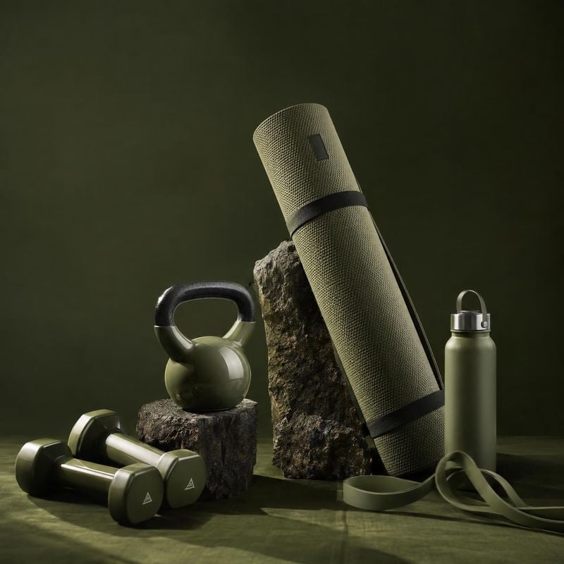 fitness equipment set sports product photo: A coordinated set of olive-toned fitness gear is arranged among rugged stone props against a deep green studio back…
