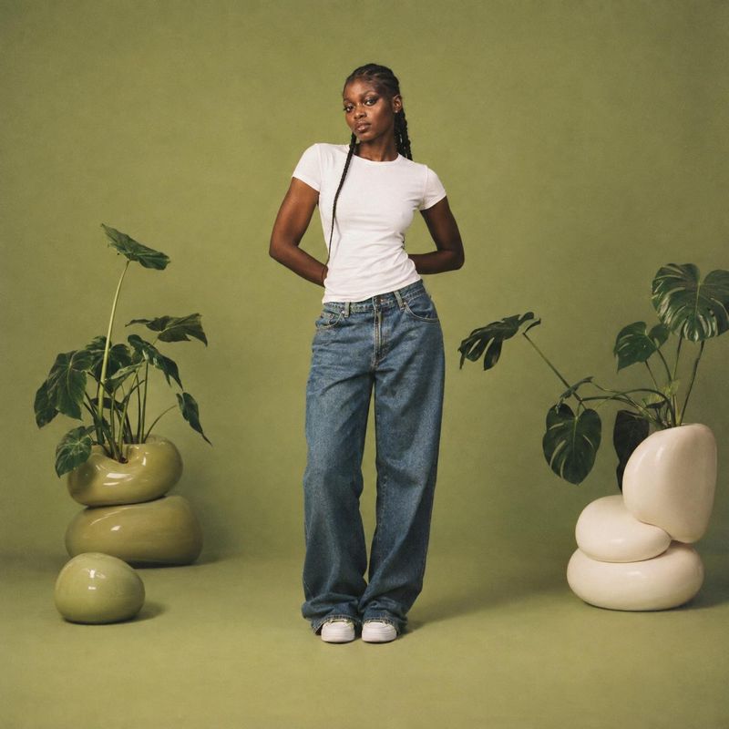blue jeans model try-on product photo: A model poses in a white tee, relaxed blue jeans, and sneakers against a muted olive studio backdrop, framed by sculptur…
