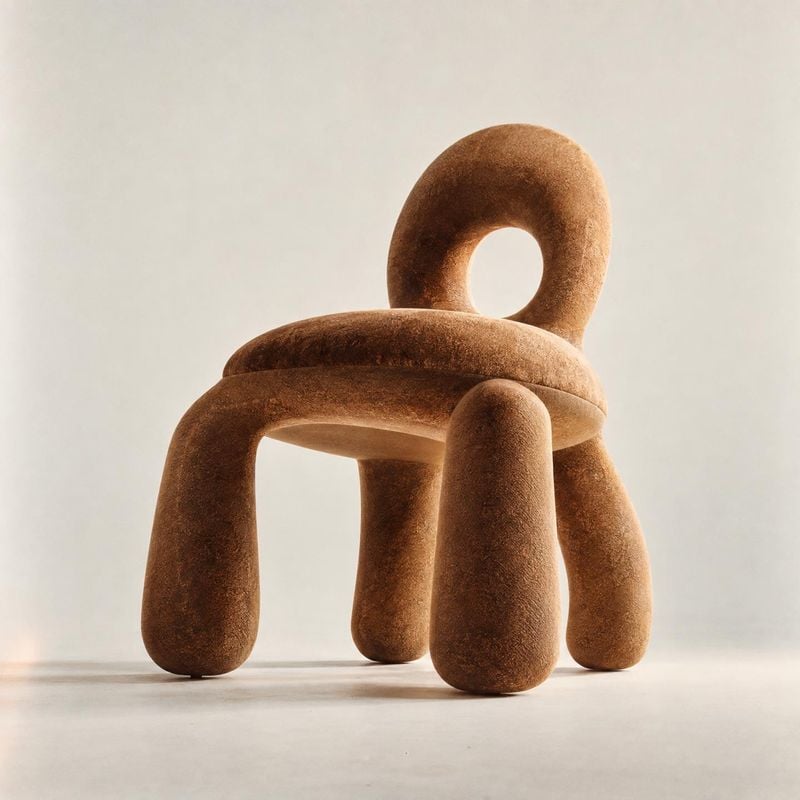 sculptural upholstered chair packshot product photo: A sculptural brown upholstered chair is photographed alone against a warm off-white studio backdrop, with…