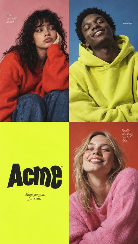 sweatshirts model try-on product photo: A four-panel apparel campaign pairs three smiling models in brightly colored sweatshirts with a vivid yellow logo panel…