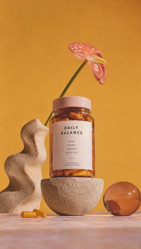 supplement capsules personal care product photo: A bottle of daily supplement capsules sits among sculptural stone forms and a pink anthurium against a warm or…