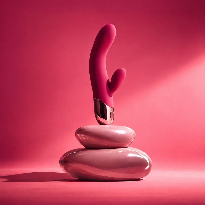 vibrator floating product product photo: A sleek pink vibrator hovers above a stack of glossy sculptural stones against a saturated pink studio backdrop, with…