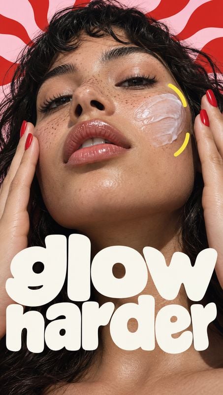 facial mask beauty close-up product photo: A close-up beauty portrait shows a woman with a glossy facial mask on her cheek, red nails and bold red-and-pink gra…