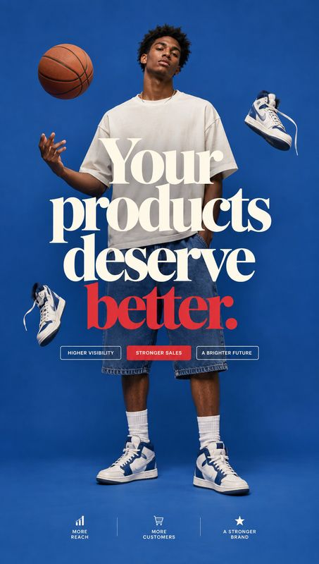 sneakers model try-on product photo: A young man in a white T-shirt, denim shorts and blue-and-white sneakers poses against a vivid blue studio backdrop, with…
