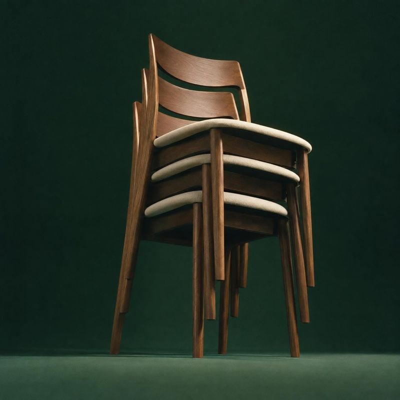 stacked wooden chairs group lineup product photo: Several warm-toned wooden chairs with pale upholstered seats are stacked against a deep green studio backdrop…