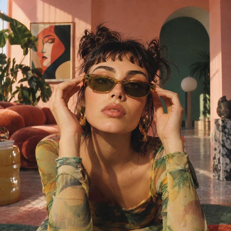 sunglasses model try-on product photo: A woman in amber-tinted sunglasses and a sheer patterned top poses in a colorful living room, adjusting the frames in wa…