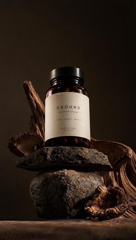 mushroom complex supplement personal care product photo: An amber bottle of mushroom complex is staged among textured mushrooms and stones against a dark backd…