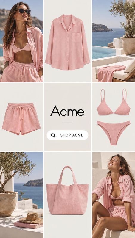 pink linen clothing and swimwear look book product photo: A grid of pink resortwear, swimwear and a tote alternates clean product views with a woman modeling t…