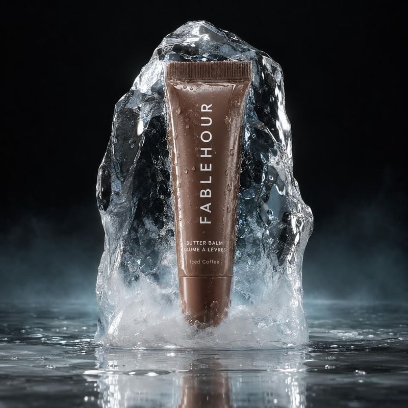 butter balm lip balm packshot product photo: A brown lip balm tube stands encased in a jagged block of ice on a reflective dark surface, lit with crisp cool hi…