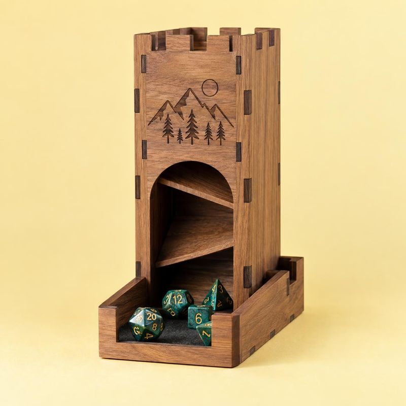 wooden dice tower packshot product photo: A handcrafted wooden dice tower with engraved mountain and forest details stands on a pale yellow studio backdrop, wi…