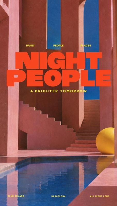 posters product photo: A bold event-style poster layers oversized red and yellow typography over a geometric terracotta stairwell and reflective blue pool, cre…