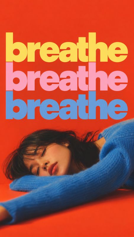 blue sweater look book product photo: A woman in a vivid blue sweater reclines against a saturated red studio backdrop beneath oversized repeated “breathe” let…