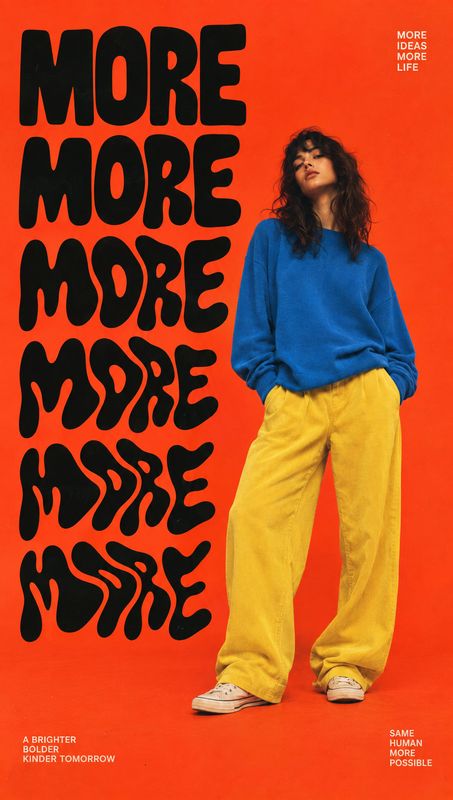 casual outfit look book product photo: A model in a vivid blue sweater and loose yellow trousers poses against a bright red studio backdrop, alongside oversize…