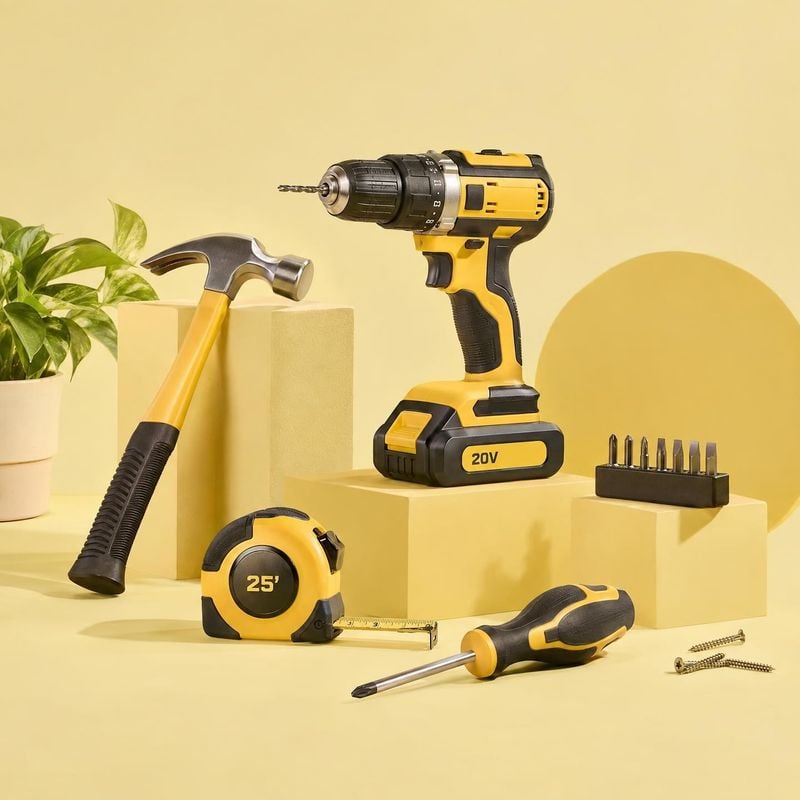 power drill and hand tool set group lineup product photo: A coordinated set of yellow-and-black power and hand tools is arranged on geometric plinths against a…