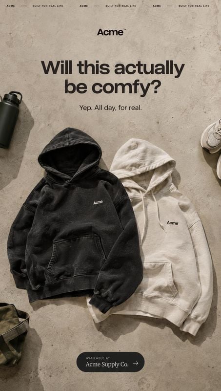 hoodies flat lay product photo: Two black and cream hoodies lie on a textured concrete surface with a water bottle and sneakers nearby, framed by bold headline…