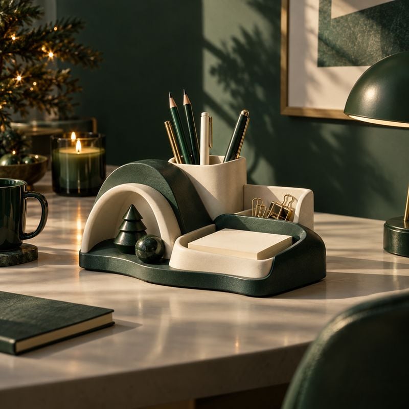 desk organizer christmas product photo: A sculptural dark green and cream desk organizer filled with writing tools sits on a polished desk among a mug, candle…