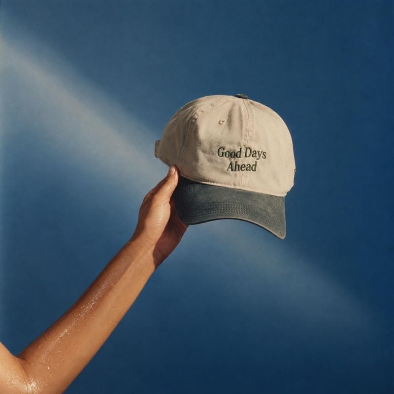 embroidered baseball cap product in hand product photo: A hand lifts a cream-and-charcoal embroidered cap against a hazy blue sky, with soft natural light and…