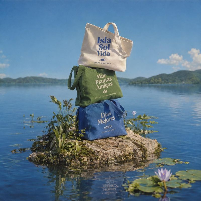 canvas tote bags lifestyle scene product photo: Three colorful canvas tote bags with printed Spanish phrases are stacked on a small rocky islet amid calm blue…